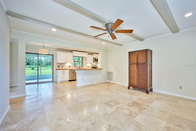 unfurnished living room with recessed lighting, baseboards, beam ceiling, and visible vents