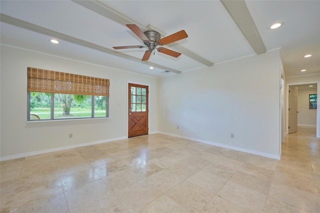 empty room featuring recessed lighting, beamed ceiling, baseboards, and ceiling fan