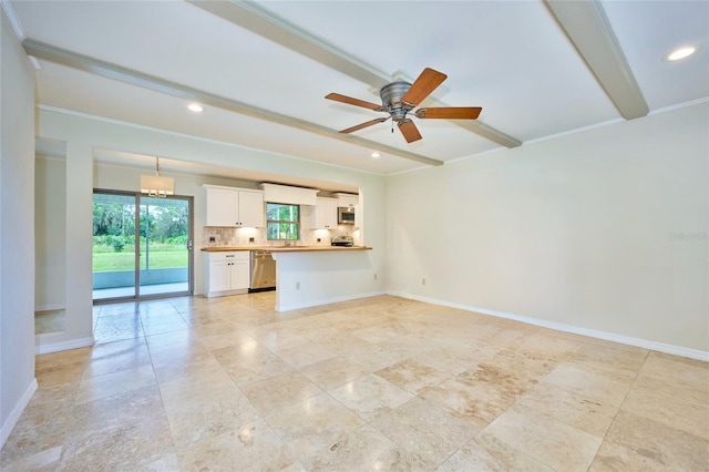 unfurnished living room featuring recessed lighting, beamed ceiling, and baseboards