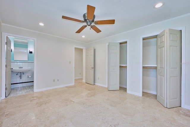 unfurnished bedroom featuring recessed lighting, baseboards, multiple closets, and ornamental molding