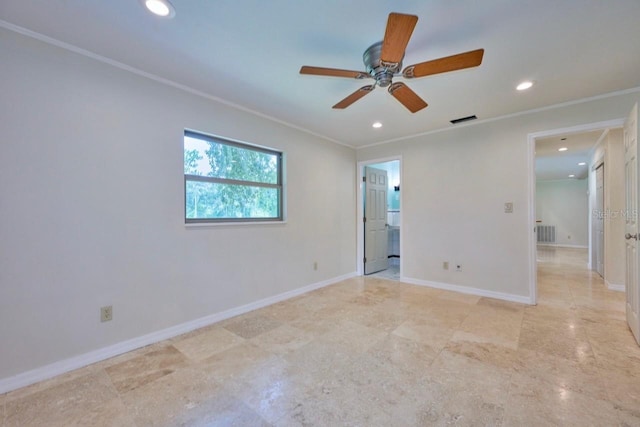 empty room featuring recessed lighting, visible vents, baseboards, and crown molding