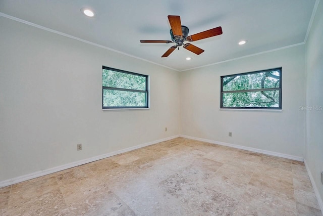 unfurnished room featuring recessed lighting, a healthy amount of sunlight, baseboards, and ornamental molding