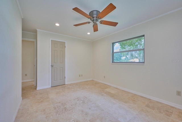 unfurnished room featuring recessed lighting, crown molding, baseboards, and ceiling fan