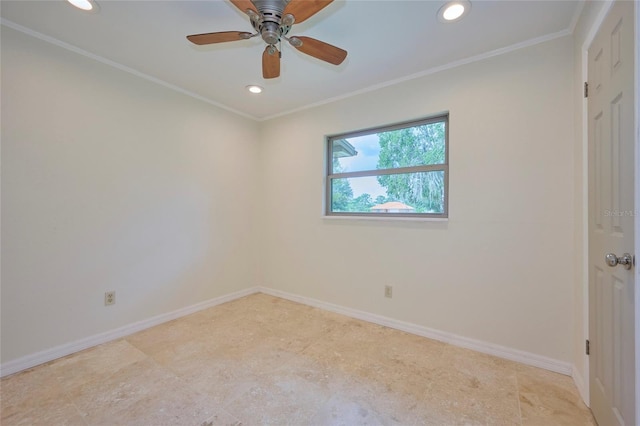 empty room with crown molding, recessed lighting, and baseboards