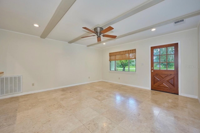 empty room featuring visible vents, beam ceiling, baseboards, and a ceiling fan