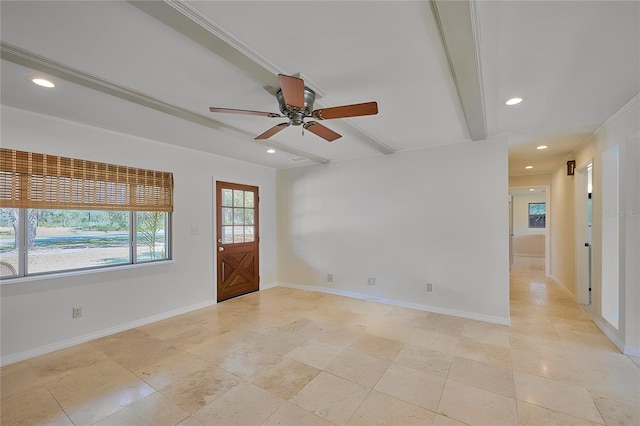 empty room with beamed ceiling, recessed lighting, baseboards, and ceiling fan