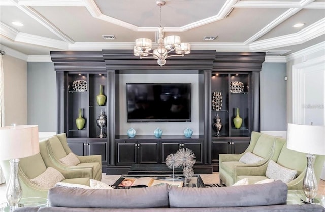 living room featuring crown molding and a notable chandelier