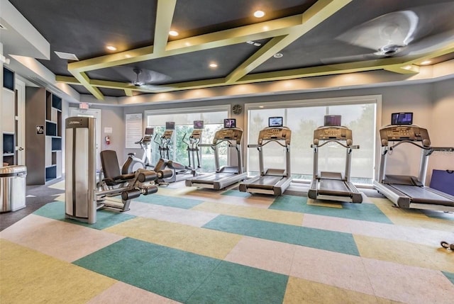 workout area with carpet flooring, ceiling fan, and coffered ceiling