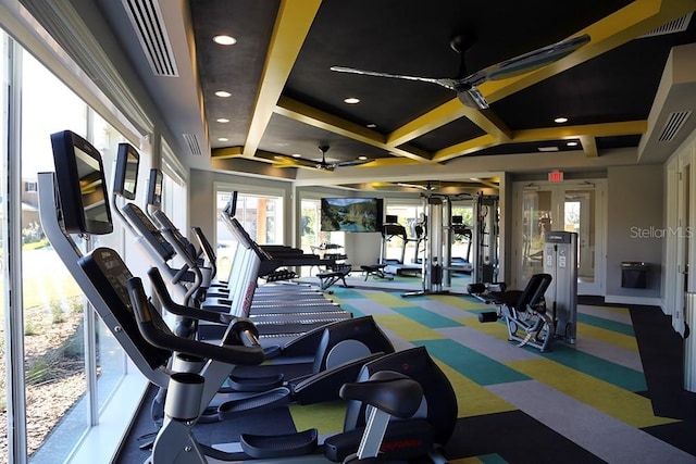 gym with carpet flooring, ceiling fan, and french doors