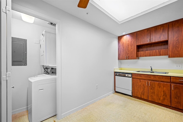 kitchen with electric panel, dishwasher, ceiling fan, sink, and light colored carpet