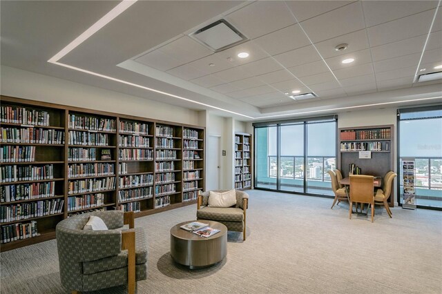 sitting room featuring carpet, a tray ceiling, and plenty of natural light