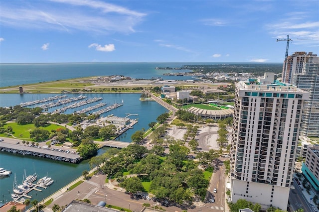 bird's eye view with a water view