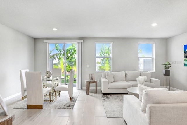 living room featuring light wood-type flooring and plenty of natural light