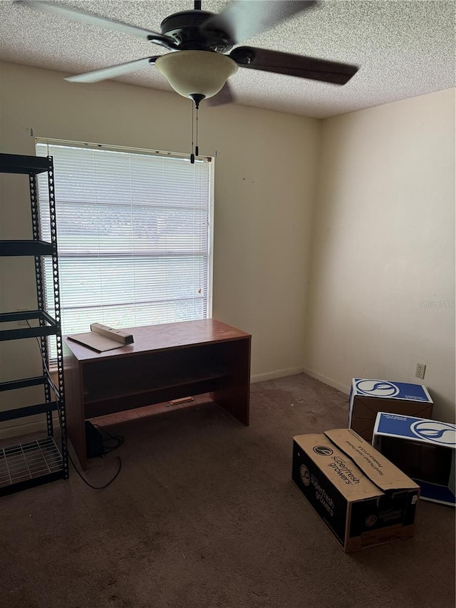 misc room with ceiling fan, carpet flooring, and a textured ceiling