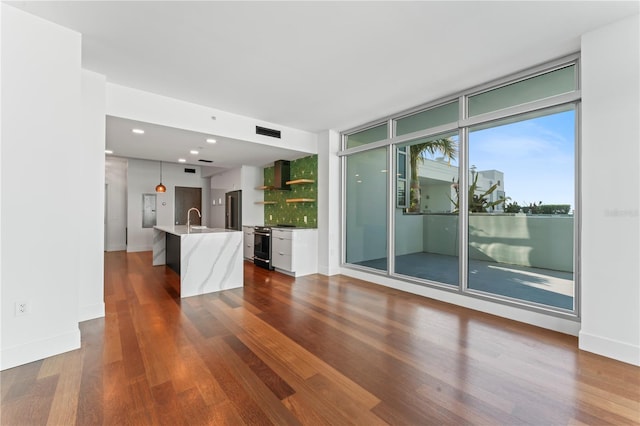 unfurnished living room featuring dark wood-type flooring and sink