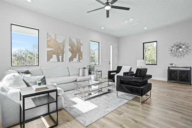 living room with ceiling fan and light hardwood / wood-style flooring