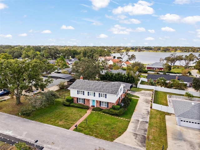 aerial view featuring a water view