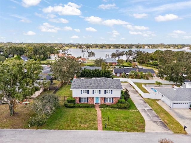 drone / aerial view featuring a water view