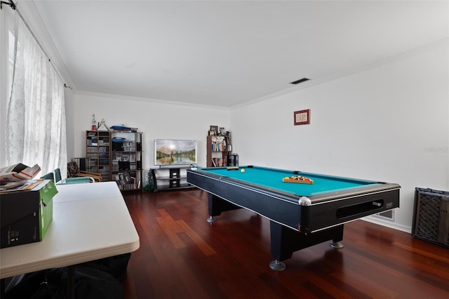 recreation room featuring ornamental molding, dark hardwood / wood-style floors, and billiards