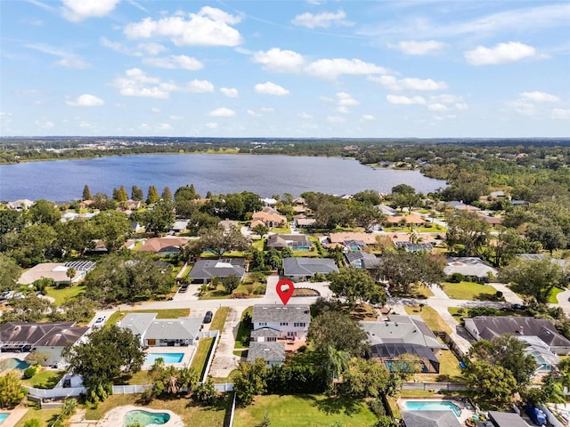 aerial view featuring a water view