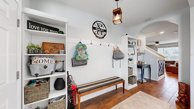 mudroom featuring dark hardwood / wood-style floors and ceiling fan