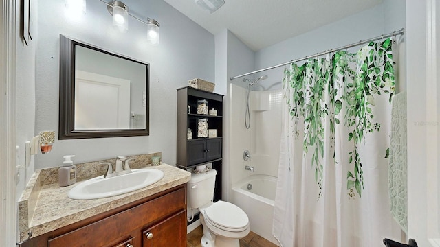 full bathroom with shower / tub combo, vanity, toilet, and wood-type flooring