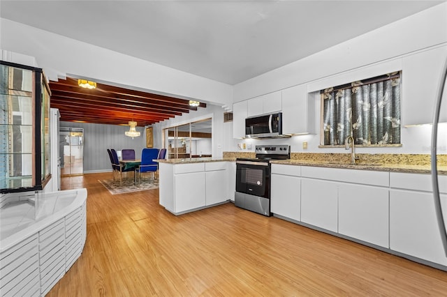 kitchen with sink, white cabinetry, kitchen peninsula, light hardwood / wood-style flooring, and stainless steel appliances