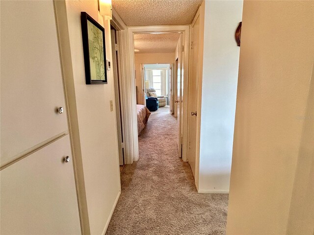 hallway with light carpet and a textured ceiling