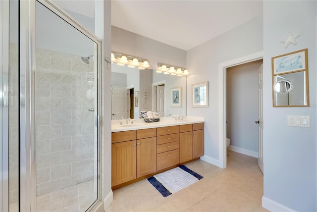 bathroom featuring vanity, tile patterned floors, toilet, and a shower with shower door