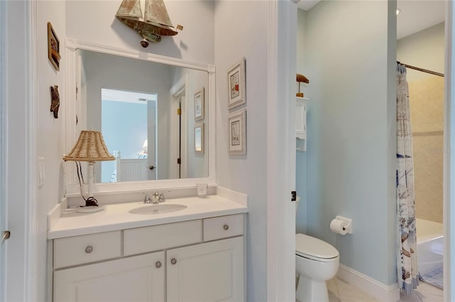 full bathroom with toilet, shower / tub combo, vanity, and tile patterned floors