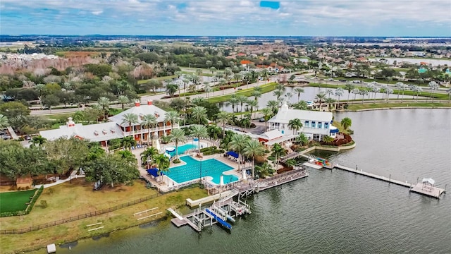 birds eye view of property featuring a water view