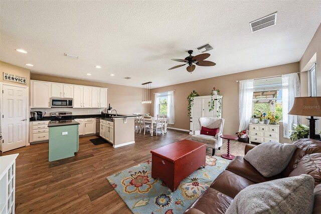 living room with a textured ceiling, ceiling fan, sink, and dark hardwood / wood-style flooring