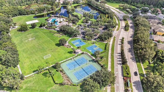 bird's eye view with a water view