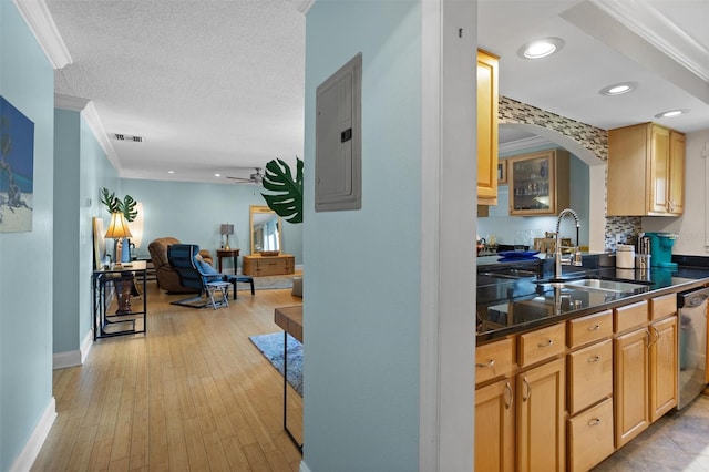 kitchen featuring light wood-type flooring, crown molding, ceiling fan, electric panel, and sink