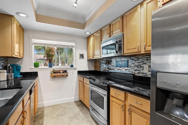 kitchen with ornamental molding, backsplash, stainless steel appliances, a tray ceiling, and dark stone countertops