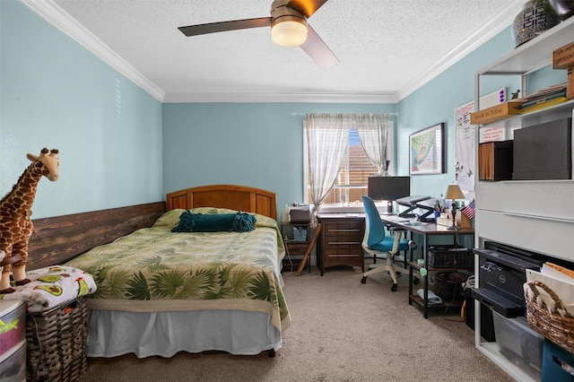 carpeted bedroom with a textured ceiling, crown molding, and ceiling fan