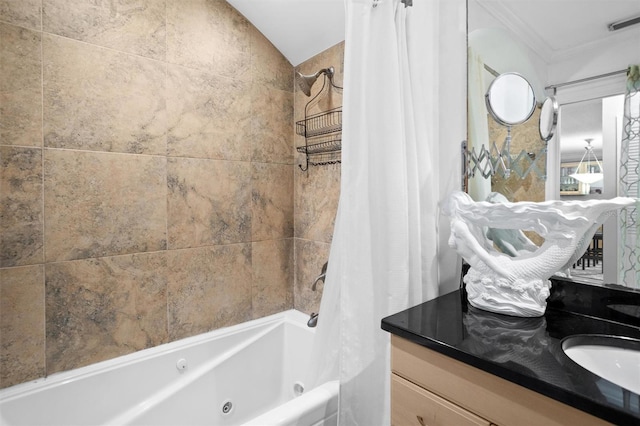 bathroom featuring shower / bath combo with shower curtain, ornamental molding, lofted ceiling, and vanity