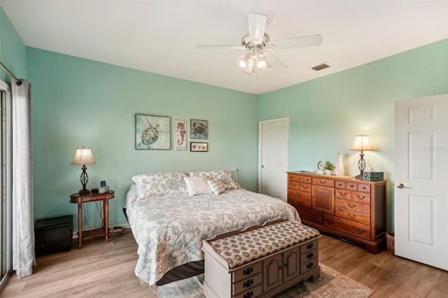 bedroom featuring ceiling fan and light wood-type flooring