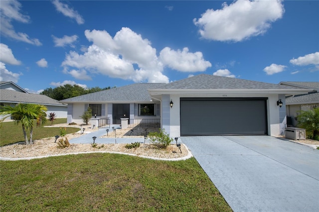 single story home with a front yard, a porch, and a garage