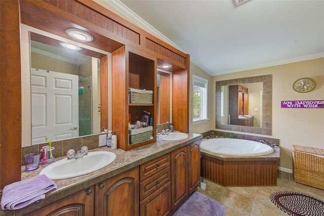 bathroom with crown molding, lofted ceiling, vanity, and plus walk in shower