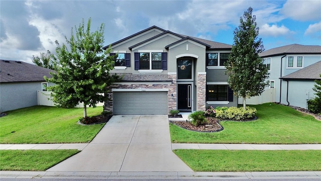 view of front of home with driveway, an attached garage, stucco siding, stone siding, and a front lawn