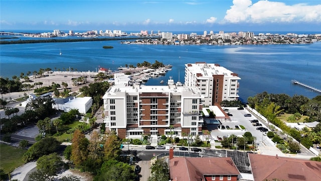 drone / aerial view with a water view