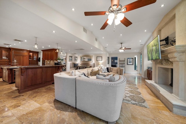 living room with ceiling fan