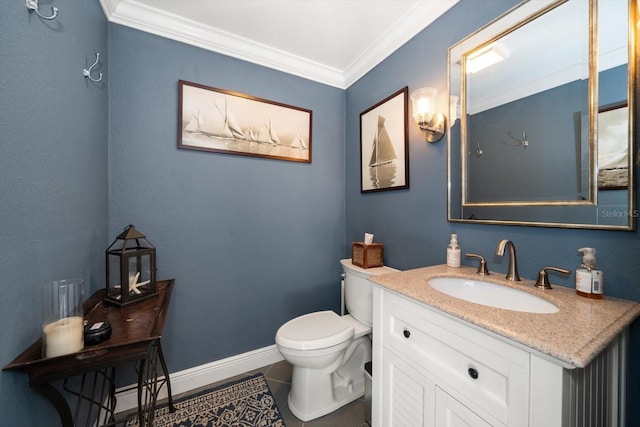 bathroom featuring tile patterned flooring, vanity, toilet, and crown molding