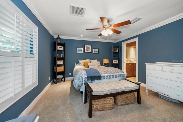 bedroom with connected bathroom, ceiling fan, light colored carpet, and ornamental molding