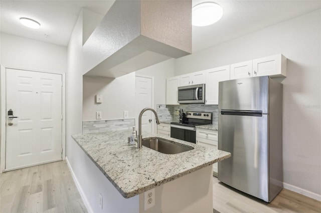 kitchen featuring stainless steel appliances, white cabinets, kitchen peninsula, and sink