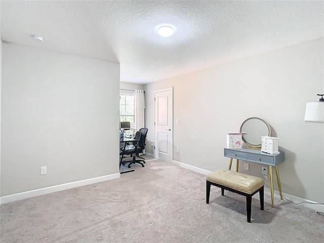 office space featuring carpet floors, baseboards, and a textured ceiling