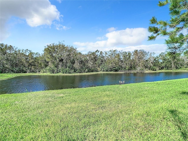 view of water feature with a forest view