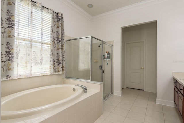 bathroom featuring vanity, crown molding, plus walk in shower, and plenty of natural light