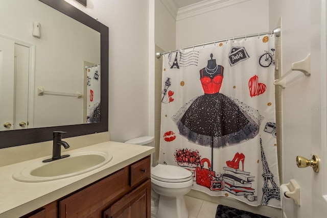 bathroom featuring toilet, vanity, crown molding, a shower with curtain, and tile patterned floors